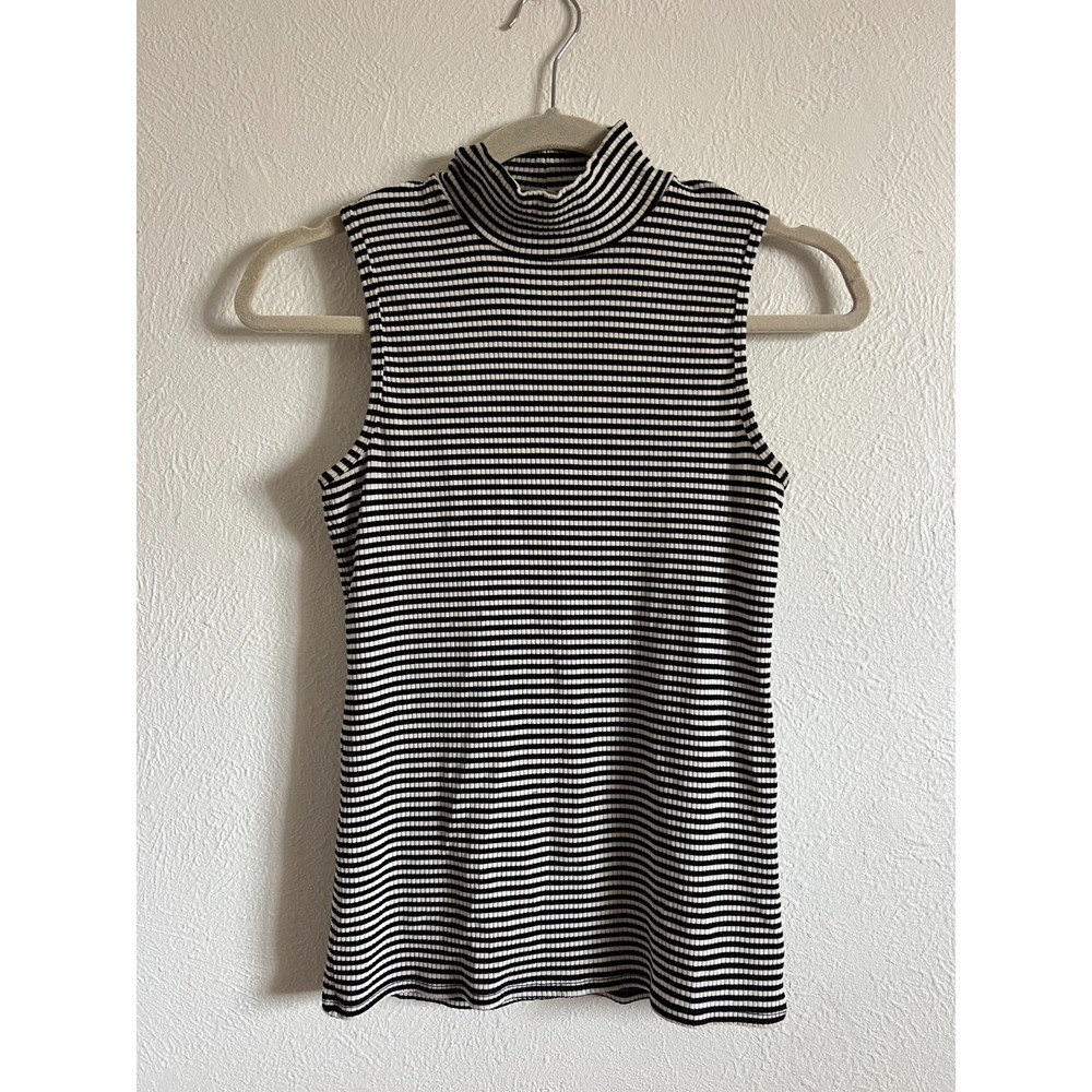 Athleta Striped Sleeveless Turtleneck Top Black White Ribbed‎ Womens Small - Picture 2 of 10
